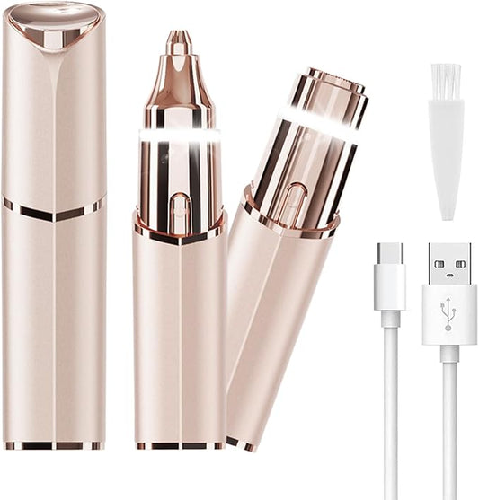 glowtalebaeuty Eyebrow Trimmers – Facial Hair Removal Eyebrow Trimmer - Facial Shaver Device 2 in 1 Remover for Face Peach Fuzz Eyebrow Nose Ear Hair Chin Lips Armpit with LED Light Rechargeable for Women Men Travel Size (Gold)