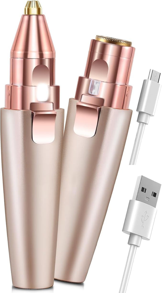 Hatteker Eyebrow Trimmers – Hatteker Eyebrow Facial Trimmer, 2 in1 Rechargeable Hair Removal and Eyebrow Shaver - Face Lips Body Painless Razor with Built-in LED Light (Rose Gold)