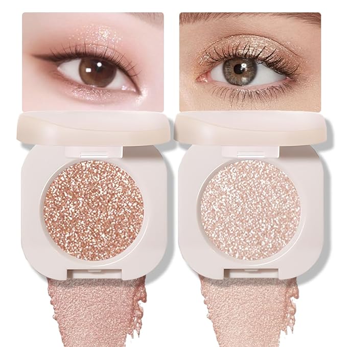 FeiCuiYun Eyeshadow – 2Pcs Glitter Shimmer Sparkle Eyeshadow Palette Makeup, Light Brown Pearl White Glitter Shimmer Metallic Holographic Multichrome Cream Iridescent Single Monochrome Eye Shadow Makeup