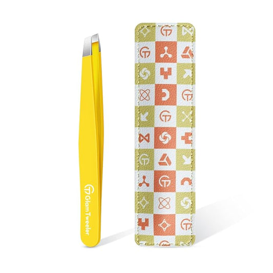 glowtalebaeuty Tweezers – Expert Eyebrow Hair Removal Tweezer with Leather Case, GlamTweeler High Precision Slant Tip Stainless Steel Tweezers for Men and Women (Chartreuse Yellow)