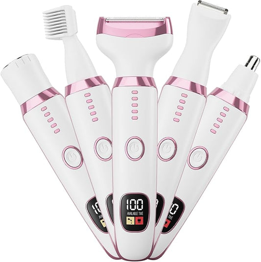 RUIM Foil Shavers – Bikini Trimmer for Women, 5 in 1 Electric Razors for Shaving, Waterproof Rechargeable Pubic Hair Trimmer with LED Display, Pink