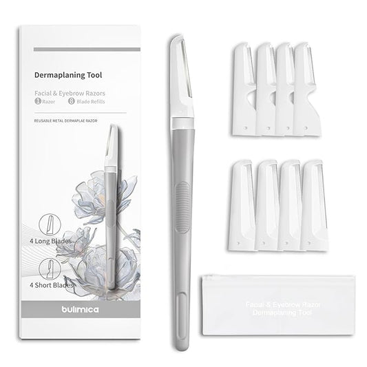 BULIMICA Cartridge Razors – Face Razors for Women, Dermaplane Razor for Women Face, Eyebrow Razor, Facial Razors, Dermaplaning Tool, Reusable Metal Handle with 8 Microblades for Sensitive Skin, Peach Fuzz Remover, Gray