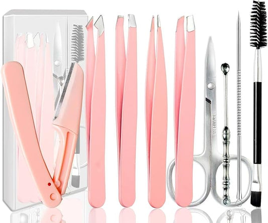 glowtalebaeuty Tweezers – [9+1 PCS] Tweezers Kit, Tweezer for Women Facial Hair, Professional Tweezers Set, Eyebrow Tweezer, Professional Stainless Steel Eyebrow for Women &Men,Black And Pink Beauty Sets