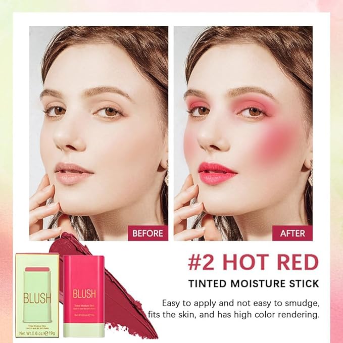 Tiejdhr Blush – Multi-Use Makeup Blush Stick, 3-in-1 Cream Blush Stick Beauty Tinted Solid Blush Stick for Cheek/Eyes/Lips, Waterproof Moisturizer Stick, Suitable for All Skin (02# Hot Red)
