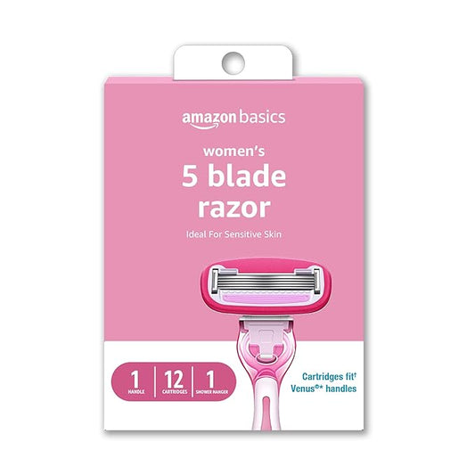 AmazonBasics Cartridge Razors – Amazon Basics Women's 5 Blade FITS Razor for Women, FITS Amazon Basics Handle and Venus Handles, Includes 1 FITS Handle, 12 Cartridges & 1 Shower Hanger
