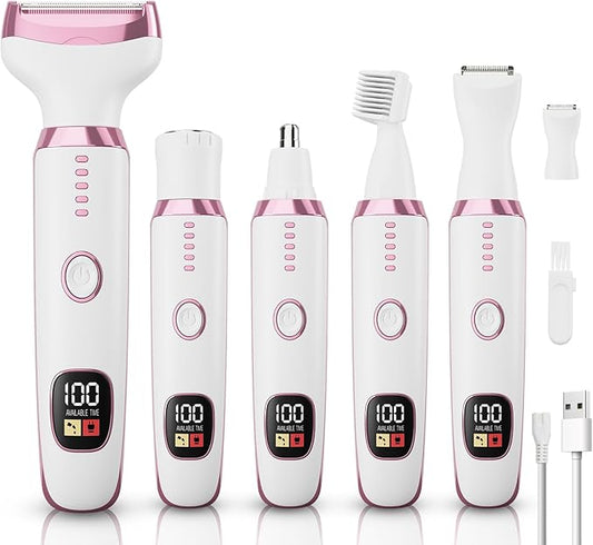 glowtalebaeuty Bikini Trimmers – Electric Razor Shavers for Women 5 in 1 Electric Shaver for Women,Cordless Replaceable Facial Eyebrow Razors & Nose Hair Trimmer, Wet Dry Bikini Trimmer Pubic Hair Removal Gifts for Womens 3028A White