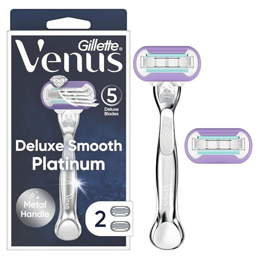 Venus Cartridge Razors – Gillette Venus Deluxe Smooth Platinum Razors for Women, 1 Venus Razor, 2 Razor Blade Refills, Metal Handle with Anti-Slip Grip