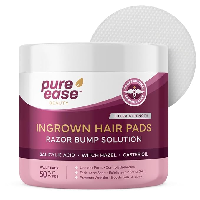 PureEase Cloths & Towelettes – Ingrown Hair Treatment & Exfoliating Pads – 50 Pre-Soaked Wipes for Razor Bumps Treatment for Women – Skin-Smoothing Formula for Face, Neck, Underarms & Bikini Area