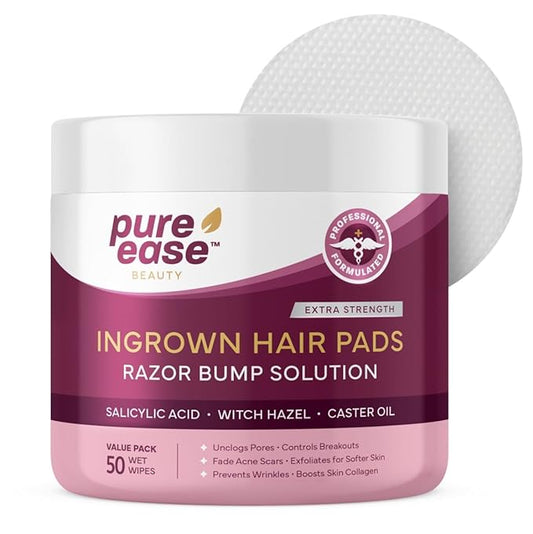 PureEase Cloths & Towelettes – Ingrown Hair Treatment & Exfoliating Pads – 50 Pre-Soaked Wipes for Razor Bumps Treatment for Women – Skin-Smoothing Formula for Face, Neck, Underarms & Bikini Area