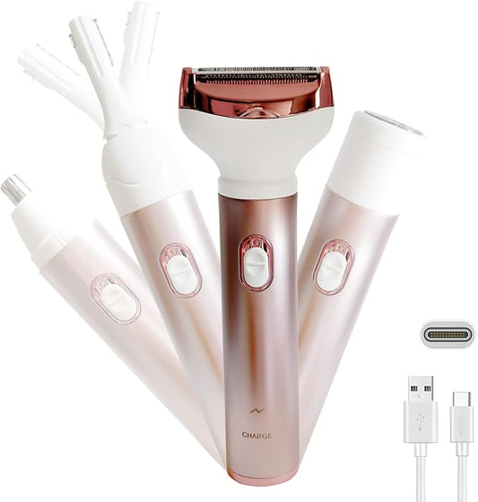 glowtalebaeuty Bikini Trimmers – Electric Razor for Women, Hair Trimmer for Bikini Legs Womens Shaving Eyebrow Lips Body Face Beard Mustache Nose Arm Armpit Facial Hair Removal for Women's Shaver 4 in 1 Kit, Type-C Charging Port