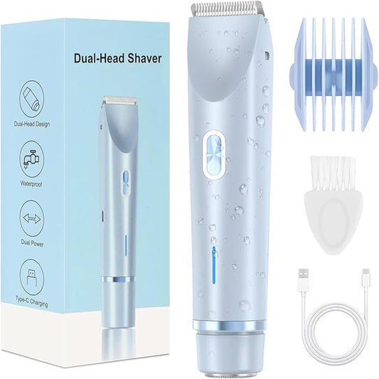 AEDNX Bikini Trimmers – Dermave Bikini Shaver, Womens, Bikini Trimmer for Women, Glow Aura Electric Razor 2-in-1 Women's Body Shaver Dual Head Women's Trimmer for Leg Arm Body Grooming Tool (Blue)