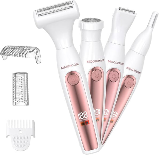 MAXGROOM Bikini Trimmers – Bikini Trimmer for Women, All-in-ONE Waterproof Lady's Electric Razor Shaver and Facial Hair Removal, Rechargeable Body Hair Trimmer Grooming Sets for Leg, Armpit, Face, Eyebrow (White)