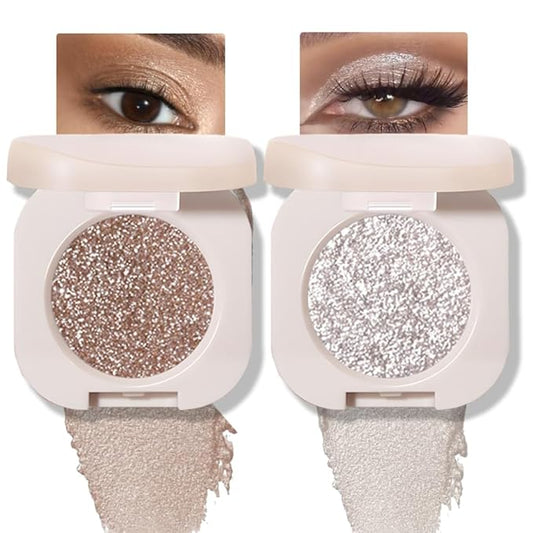 FeiCuiYun Eyeshadow – 2Pcs Glitter Shimmer Sparkle Eyeshadow Palette Makeup For Old Women, Light Brown&Silver Glitter Shimmer Metallic Holographic Multichrome Cream Iridescent Single Monochrome Eye Shadow Makeup