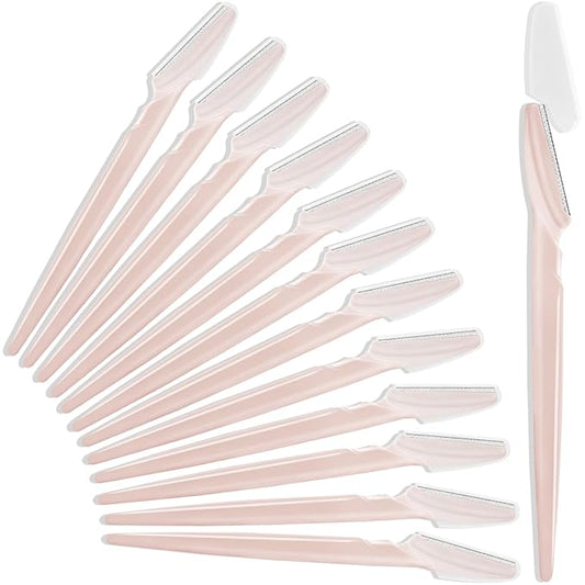 HFATMOS Disposable Razors – 12 Pcs Eyebrow Razors, Face Razors Multipurpose, Exfoliating Dermaplaning Tools, Eyebrow Trimmers Shaver with Safety Cover, Facial Hair Removal for Women Men Body Use (Light Pink)