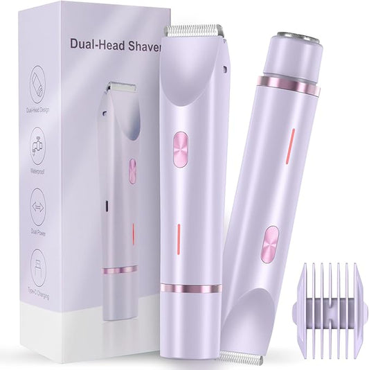 Queci Bikini Trimmers – Women Bikini Trimmer, Dual-Head Hair Trimmer for Women,2-in-1 Bikini Shaver with Ceramic Blade Heads & Type-C Charging Port, Electric Razors for Women Pubic Hair,Underarms,Legs,Arms,Face(Light Purple)