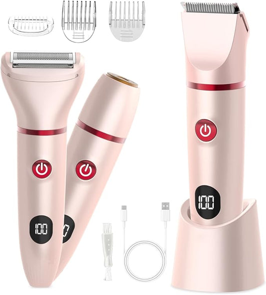 XINKAITE Foil Shavers – Bikini Trimmer for Women Pubic Hair: 3 in 1 Rechargeable Electric Razors with LED Display, IPX6 Waterproof Shaver for Underarm, Leg, Arm & Body (Pink)