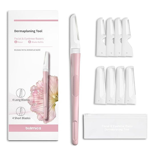 BULIMICA Cartridge Razors – Face Razors for Women, Dermaplane Razor for Women Face, Eyebrow Razor, Facial Razors, Dermaplaning Tool, Reusable Metal Handle with 8 Microblades for Sensitive Skin, Peach Fuzz Remover, Pink