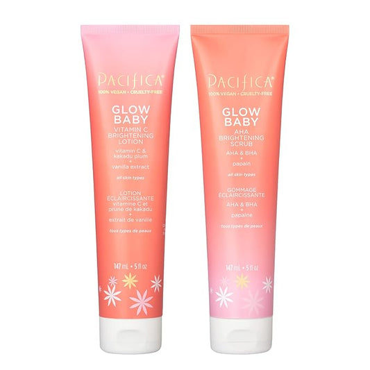 PacificaBeauty Lotions – Pacifica Glow Baby Body Lotion & AHA Scrub Set – Brightening Vitamin C Body Lotion (5 oz) + AHA Exfoliating Body Scrub, 2-Step Radiance Duo for Smooth Glowing Skin, Vegan