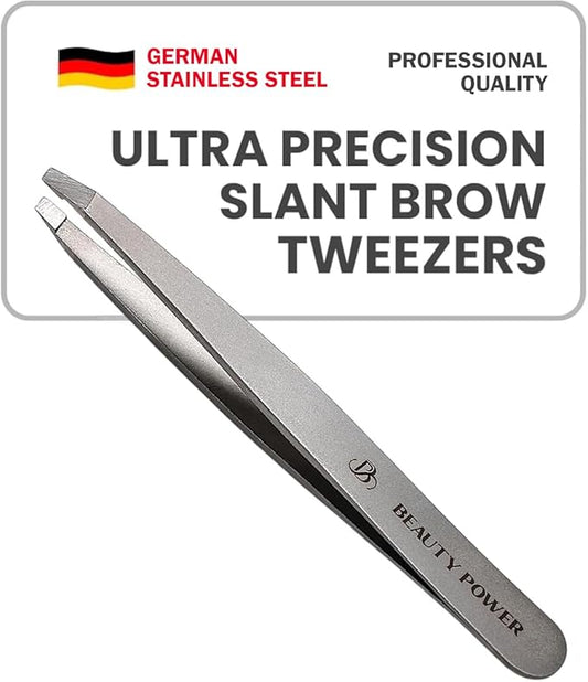 BeautyPower Tweezers – Professional Tweezers - Slant, Durable Lightweight German Stainless Steel, Ultra Precision Tweezers for Eyebrows, Facial Hair, Chin, and Ingrown Hair Removal - Gift (Matte Gray)