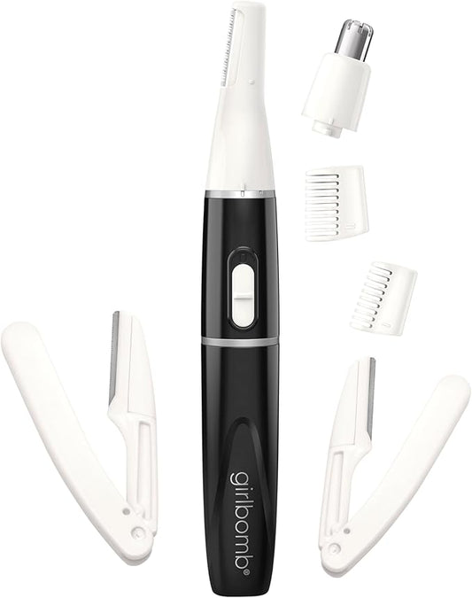 conair Nose & Ear Hair Trimmers – Conair GIRLBOMB All-in-1 Facial Hair Trimmer for Women - 9 Piece Kit with 2 Dermablades - Perfect for Face, Ear/Nose and Eyebrows - Battery-Powered