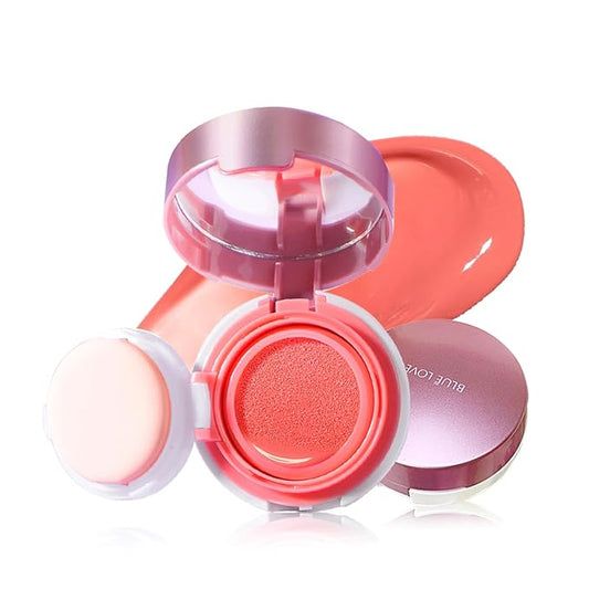 BLUELOVE Blush – BLUE LOVE Cushion Liquid Blush - Silky Cheek Tint with Mirror, Natural Enhancer for a Radiant Finish, Contours & Highlights for Effortless Elegant (01 Pink Orange)