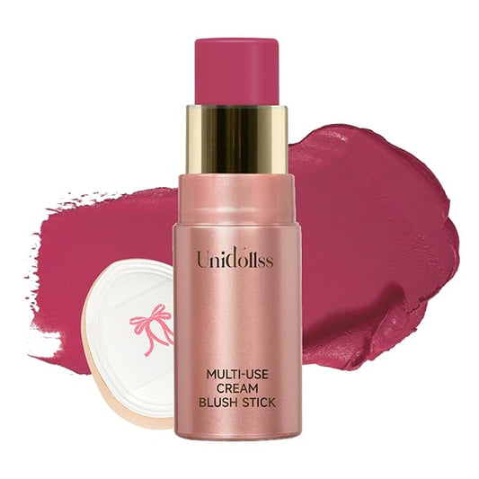 Unidollss Blush – Multi-Use Makeup Cream Blush Stick, Unidollss 3-in-1 Buildable Powder Blush Stick for Cheeks, Eyes, and Lips, Hydrating formula, All day wear, Easy Application with Thumb Puff Included (04 FLIRT)