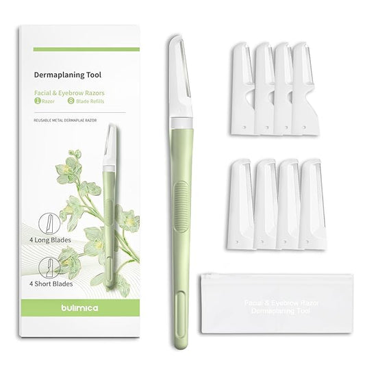 BULIMICA Cartridge Razors – Face Razors for Women, Dermaplane Razor for Women Face, Eyebrow Razor, Facial Razors, Dermaplaning Tool, Reusable Metal Handle with 8 Microblades for Sensitive Skin, Peach Fuzz Remover, Green