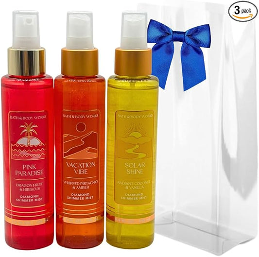 glowtalebaeuty Sets & Kits – Bath & Body Works VACATION VIBE, PINK PARADISE, SOLAR SHINE Diamond Shimmer Mist - Gift Set with a Blue Bow for Holiday - 4