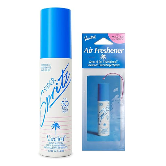 Vacation Super Spritz SPF 50 Sunscreen Face Mist + Air Freshener Bundle, Daily Face Sunscreen Spray, SPF Face Spray, Sunscreen Spray for Face, Face Mist Sunscreen, 2.2 fl. Oz.