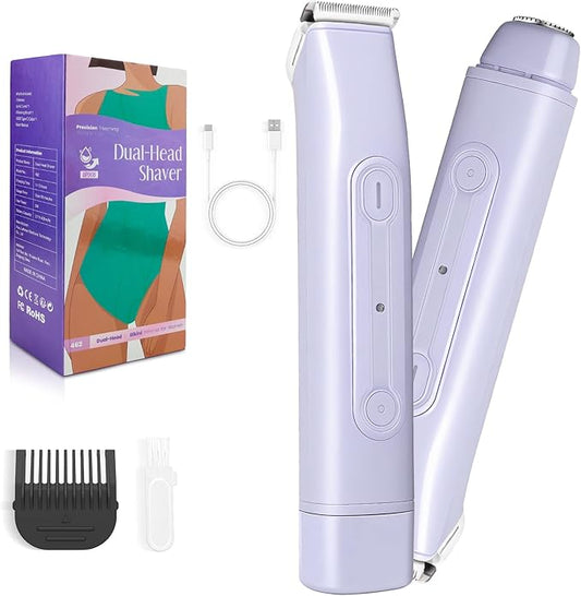 Lanumi Bikini Trimmers – Lanumi 2 in 1 Electric Shaver Dual Head Bikini Trimmer Women IPX6 Wet Dry Pubic Hair Trimmer Rechargeable Body Facial Hair Remover for Face Lip Chin Underarm Legs (Purple)