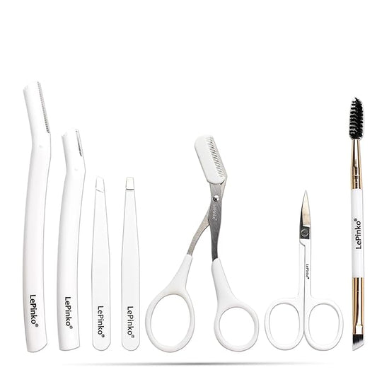 LePinkoOnline Eyebrow Scissors – Eyebrow Trimmer Kit, 7 in 1 Eyebrow Scissors, Tweezer, Razor, Gromming Scissors Brush for Women Men, Gifts for Stocking Stuffers - White
