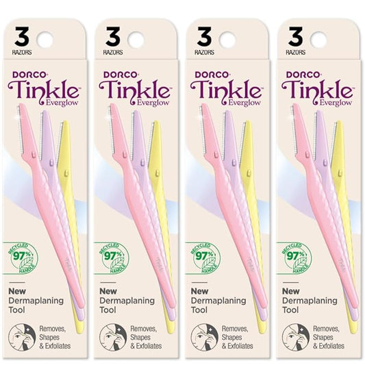 Tinkle Disposable Razors – Dorco Tinkle Everglow, 12 Razors (4 Packs of 3), Eco-Friendly Dermaplaning Tool, Multipurpose Eyebrow Razor & Face Shaver