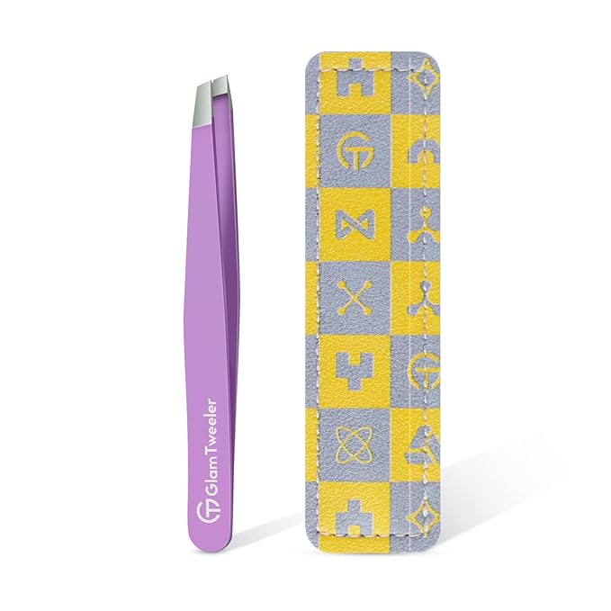 glowtalebaeuty Tweezers – Expert Slant Tip Tweezers with Leather Case, GlamTweeler Sharp & Precision Stainless Steel Tweezer for Eyebrows, Facial Hair and Fine Hairs Removal (Violet)