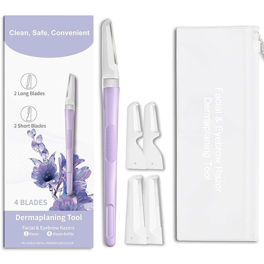 BULIMICA Cartridge Razors – Face Razors for Women, Dermaplane Razor for Women Face, Eyebrow Razor, Facial Razors, Dermaplaning Tool, Reusable Metal Handle with 4 Microblades for Sensitive Skin, Peach Fuzz Remover, Purple