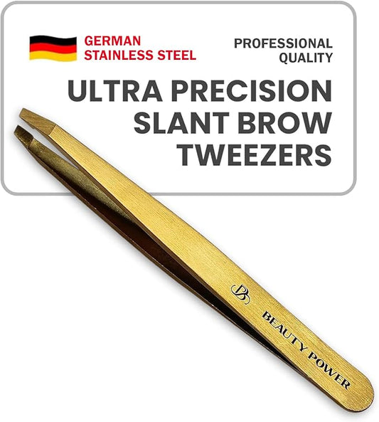 BeautyPower Tweezers – Professional Tweezers - Slant, Durable Lightweight German Stainless Steel, Ultra Precision Tweezers for Eyebrows, Facial Hair, Chin, and Ingrown Hair Removal - Gift (Matte Gold)