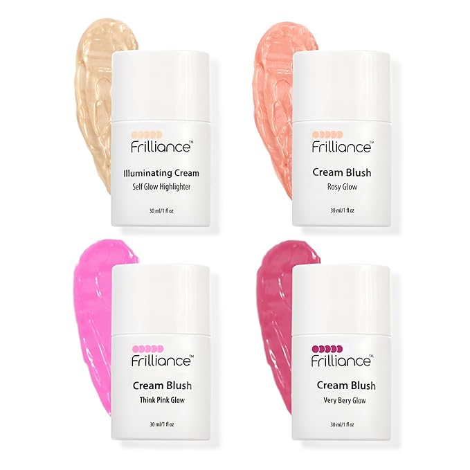 Frilliance Highlighters & Luminizers – Frilliance Illuminating Cream, Hydrating Highlighter & Blush Vault Bundle, (4 Pack - Rosy Glow, Very Berry, Think Pink, Self-Glow, 30 ml / 1 fl oz each) Cruelty Free Hypoallergenic for All Skin Types