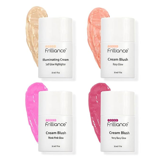 Frilliance Highlighters & Luminizers – Frilliance Illuminating Cream, Hydrating Highlighter & Blush Vault Bundle, (4 Pack - Rosy Glow, Very Berry, Think Pink, Self-Glow, 30 ml / 1 fl oz each) Cruelty Free Hypoallergenic for All Skin Types