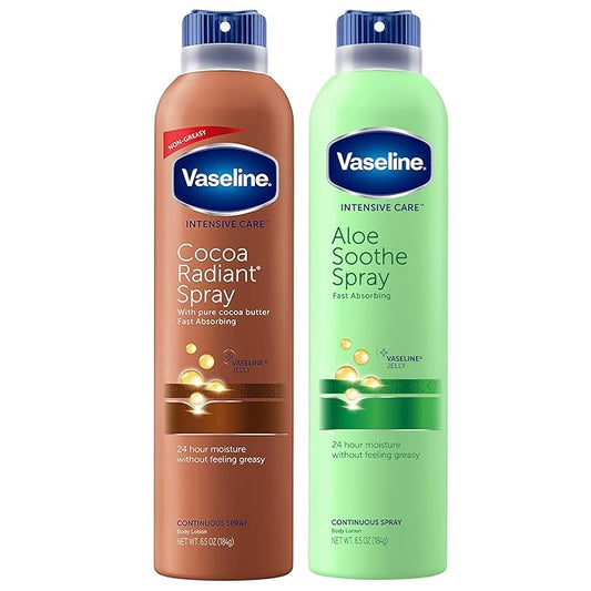 Vaseline Lotions – Vaseline Cocoa Radiant Spray + Aloe Soothe Spray Variety 2-Pack – Non-Greasy, Fast-Absorbing All-Over Moisturizer for Dry Skin, 6