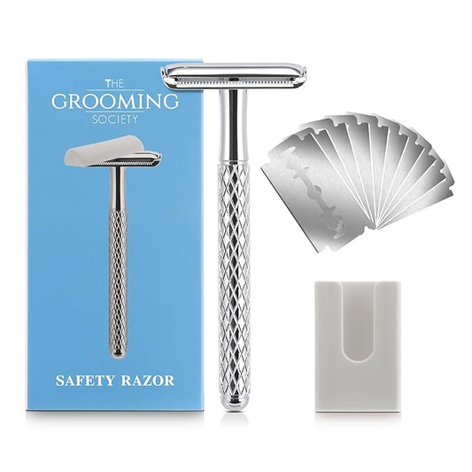 THEGROOMINGSOCIETY Safety Razors – Double Edge Safety Razor with Chrome Plated Handle & Silicone Cover & 10 Blades Single Blade Safety Razor for Travel Metal Eco-Friendly Reusable Razor for Shaving