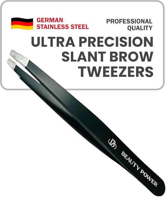BeautyPower Tweezers – Professional Slant Tweezers for Women Facial Hair - German Stainless Steel, Ultra Precision, Lightweight Black Tweezers for Women & Men, Ideal for Eyebrow & Facial Grooming (Matte Black)