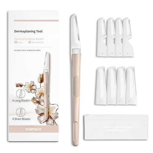 BULIMICA Cartridge Razors – Face Razors for Women, Dermaplane Razor for Women Face, Eyebrow Razor, Facial Razors, Dermaplaning Tool, Reusable Metal Handle with 8 Microblades for Sensitive Skin, Peach Fuzz Remover, Beige