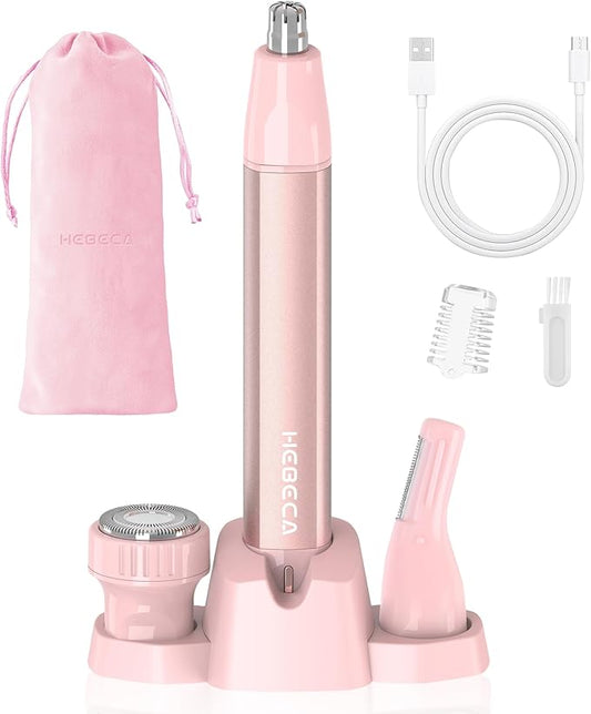 HEBECA Nose & Ear Hair Trimmers – Nose Hair Trimmer for Women 3in1 Facial Hair Removal Trimmers with Storage Base - Waterproof, Portable USB Rechargeable with Travel Bag- Trims Nose, Ear, Eyebrow, Peach-Fuzz, Lips, Chin Face Hair