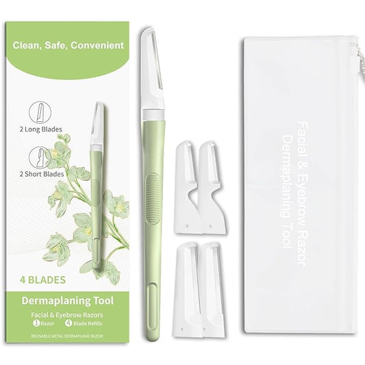 BULIMICA Cartridge Razors – Face Razors for Women, Dermaplane Razor for Women Face, Eyebrow Razor, Facial Razors, Dermaplaning Tool, Reusable Metal Handle with 4 Microblades for Sensitive Skin, Peach Fuzz Remover, Green