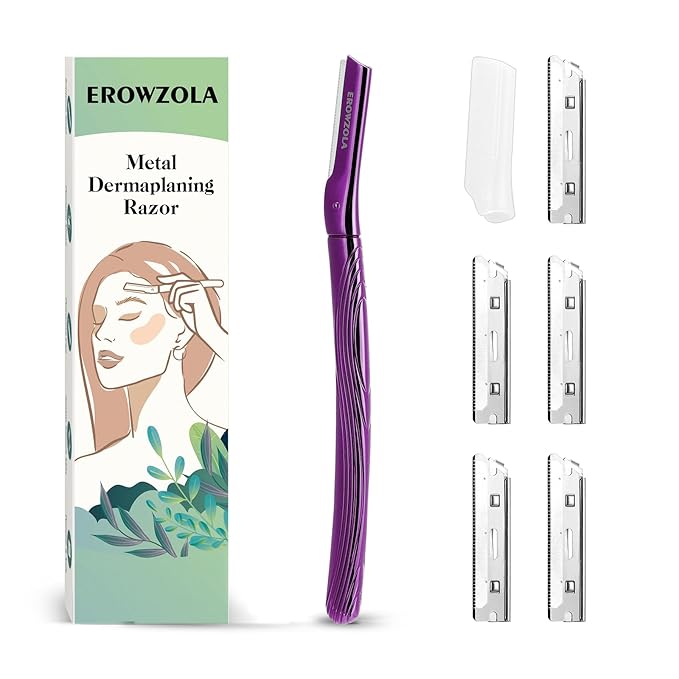 EROWZOLA Eyebrow Scissors – Dermaplane Razor for Women and Men, Eyebrow Razor with Precision Cover, Peach Fuzz Dermaplaning Tool, Exfoliating Facial Razor Reusable Metal Handle with 6 Blades - Purple