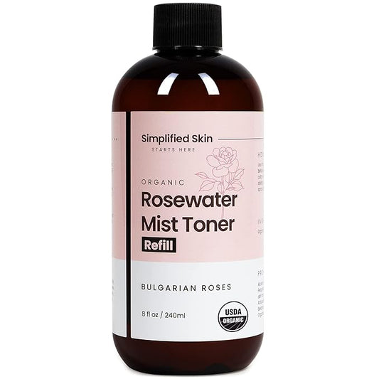 SimplifiedSkin Toners & Astringents – Rose Water Spray for Face & Hair (Refill Size) - Organic USDA Certified Rosewater Facial Toner - Alcohol-Free Makeup Setting Hydrating Face Mist - Anti-Aging Toner Spray - 8 Fl Oz