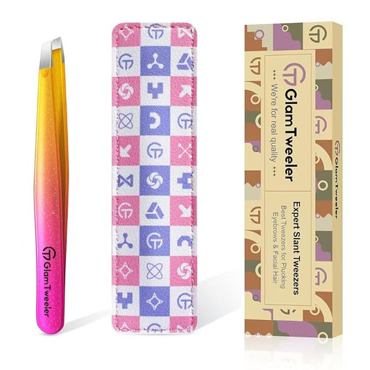 glowtalebaeuty Tweezers – Expert Eyebrow Hair Removal Tweezer with Leather Case, GlamTweeler High Precision Slant Tip Stainless Steel Tweezers for Men and Women (Sparkle Fuchsia & Yellow)