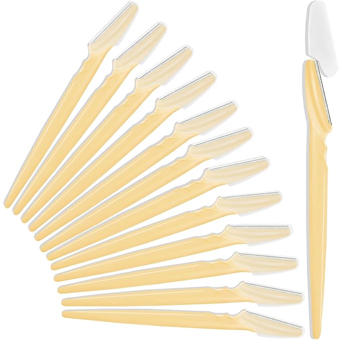 HFATMOS Disposable Razors – 12 Pcs Eyebrow Razors, Face Razors Multipurpose, Exfoliating Dermaplaning Tools, Eyebrow Trimmers Shaver with Safety Cover, Facial Hair Removal for Women Men Body Use (Yellow)