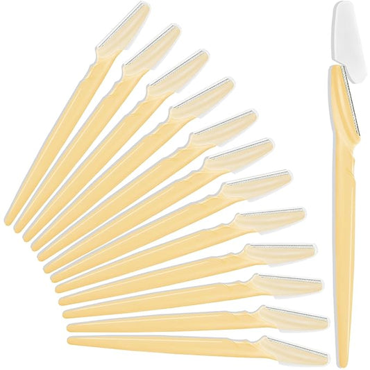 HFATMOS Disposable Razors – 12 Pcs Eyebrow Razors, Face Razors Multipurpose, Exfoliating Dermaplaning Tools, Eyebrow Trimmers Shaver with Safety Cover, Facial Hair Removal for Women Men Body Use (Yellow)