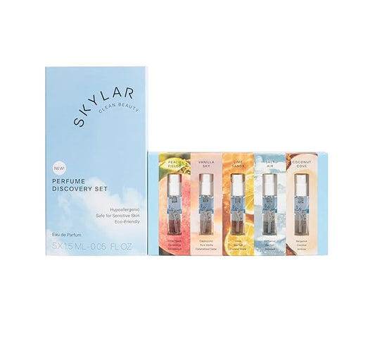 SKYLAR Eau de Parfum – Skylar Perfume Discovery spray Sampler Set - Peach Fields, Vanilla Sky, Lime Sands, Salt Air, Coconut Cove - Hypoallergenic & Clean Perfume for Women & Men - 5 1