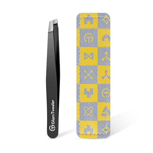 glowtalebaeuty Tweezers – Expert Slant Tip Tweezers with Leather Case, GlamTweeler Sharp & Precision Stainless Steel Tweezer for Eyebrows, Facial Hair and Fine Hairs Removal (Black)